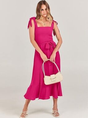 Beautiful Pink Tie-Shoulder Midi Dress